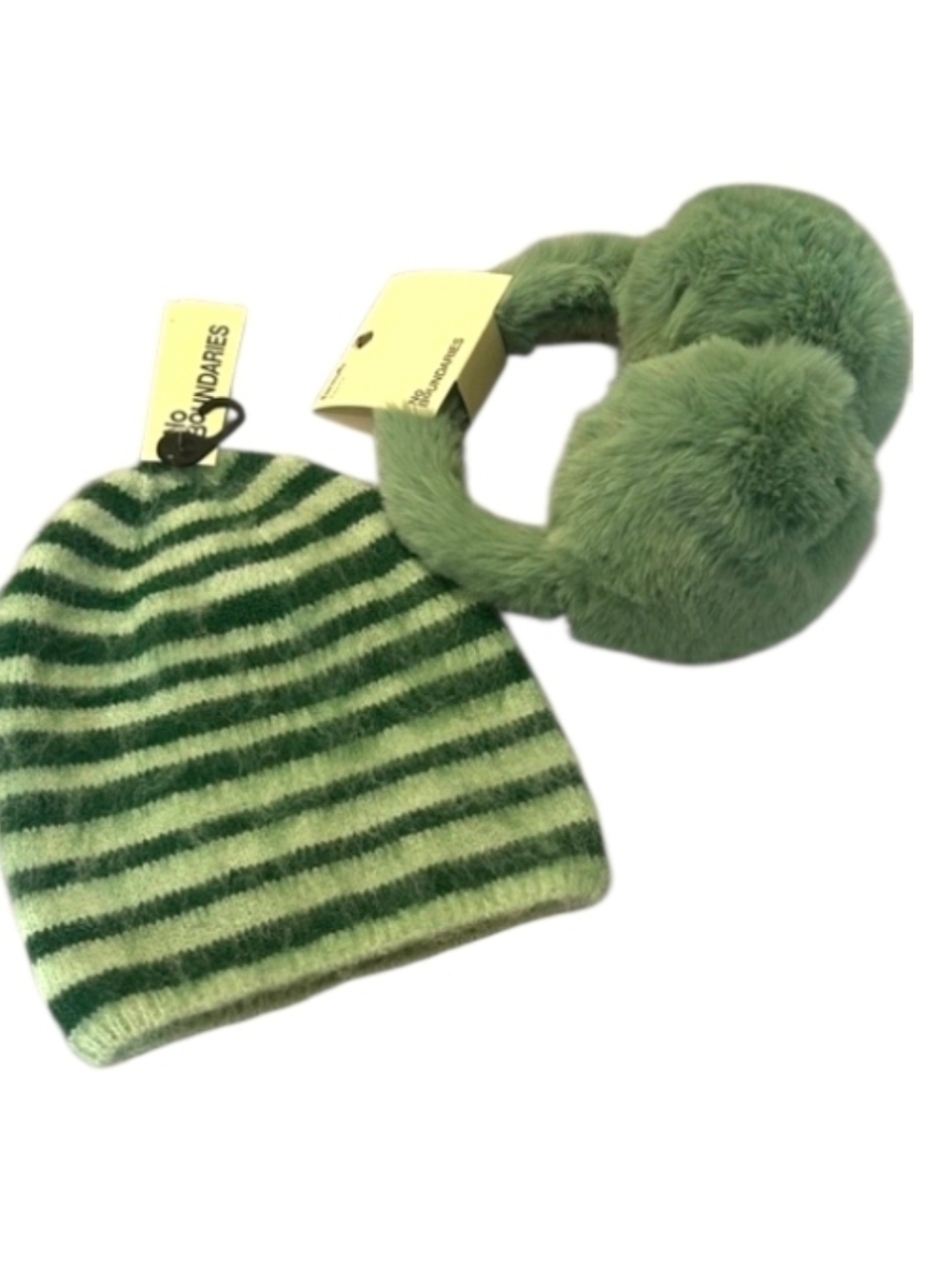 No Boundaries Green Striped Beanie and Faux Fur Earmuffs Set